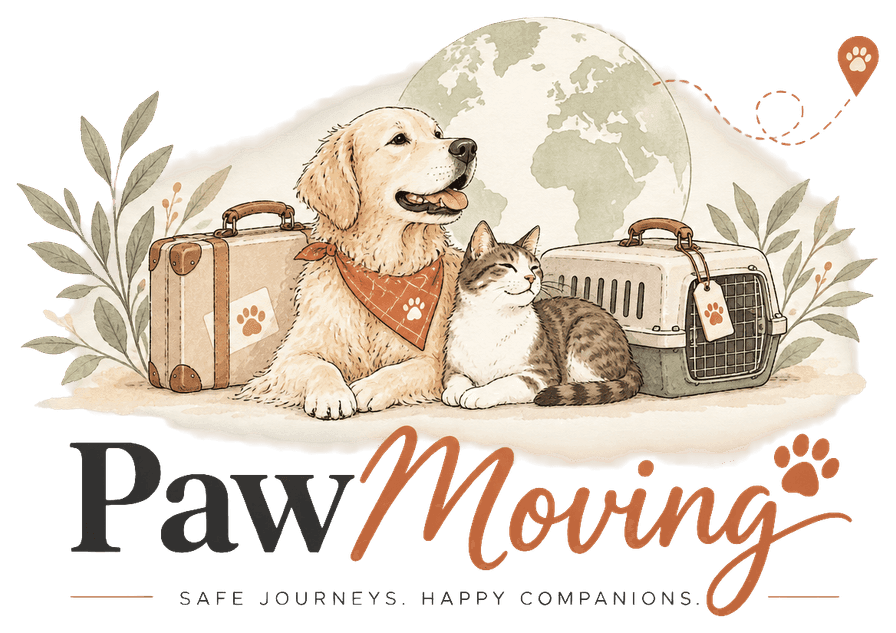 PawMoving illustration: a dog and a cat resting beside a suitcase and a travel crate, with the PawMoving wordmark and the line "Safe journeys. Happy companions."